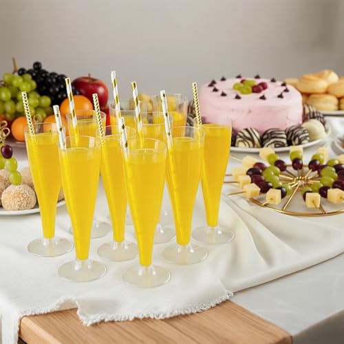 Remerry 200 Pcs Plastic Champagne Flutes 4.5 oz Clear Disposable Champagne Toasting Glass with Gold Paper Straws, Mimosa C...