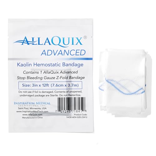 AllaQuix Advanced Kaolin Hemostatic Gauze – Z-Fold Sterile Clotting Bandage (3" x 12 ft, 1-Pack) | Stops Bleeding Fast for...