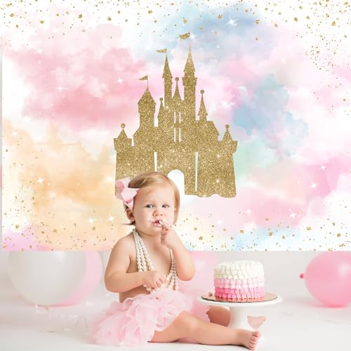 Mocsicka Princess Castle Birthday Backdrop Watercolor Pastel Rainbow Birthday Background Gold Glitter Royal Party Cake Tab...