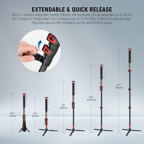 NEEWER 67.7" Camera Monopod Stand, Lightweight Carbon Fiber Travel Tripod with Detachable Base for DSLR Camcorder Video Re...