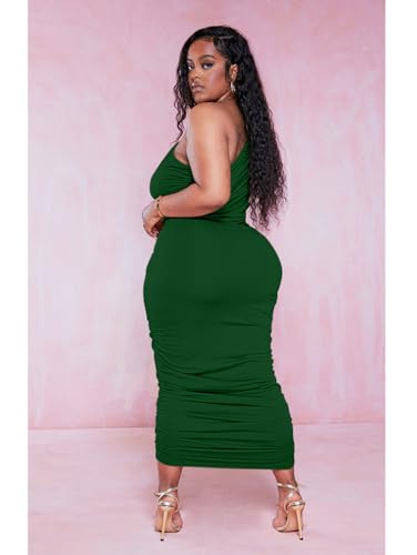 LAGSHIAN Women Sexy One Shoulder Plus Size Sleeveless Ruched Bodycon Long Party Dress