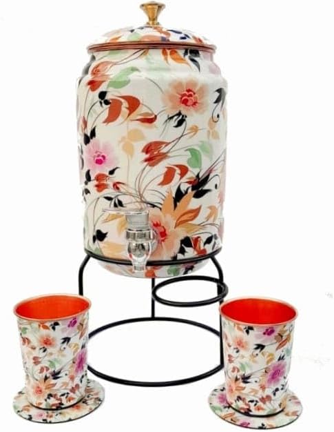 Ornate International Pure Copper Water Dispenser 5 Litre (5000ml) with Stand & Tap | Floral Printed Design | Includes 2 Co...