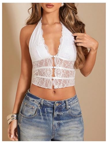 Verdusa Women's Going Out Tops Y2k Goth Lace Croset Sheer Halter Top Party Rave Outfits Sexy Camisole