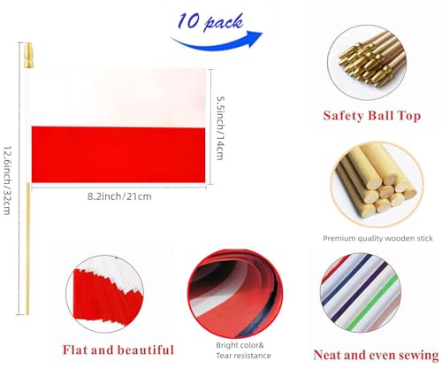 10 Pack Poland Flags -PL Handheld Flag- 5x8 in,Polish Mini Flag. Suitable For Party Decorations, Store Displays, Bar Decor...
