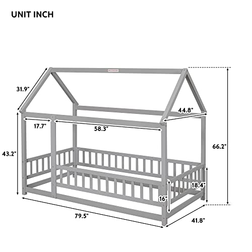 Bellemave Twin Size House Floor Bed Frame,Wooden Montessori Floor Bed with Fence for Kids,Twin Size Kids Bed,Gray