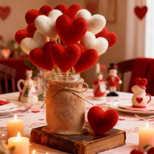 Youyole Rustic Valentines Day Table Decorations Set, Mason Jars Valentines Centerpiece Decor with 12 Pcs Red White Felt He...