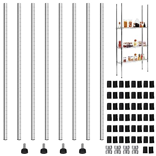 Thyle Set of 4 Wire Shelving Poles Including 8 Pcs 36'' Poles and 50 Pcs Shelf Clips, Heavy Duty Chrome Commercial Wire Sh...