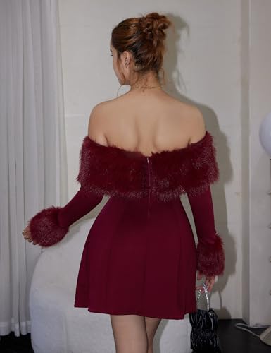 YMDUCH Women's Off Shoulder Long Sleeve Fur Trim A-Line Party Club Mini Dress