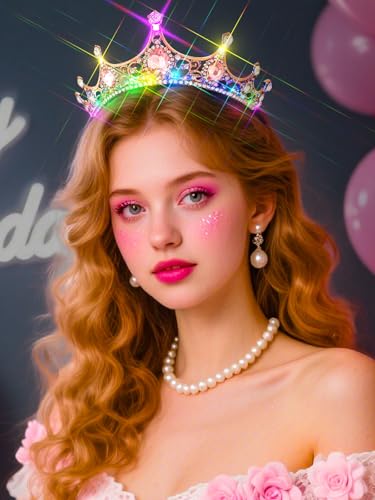Lorealri Light Up Rhinestone Birthday Tiaras, Crystal Pageant Princess Crowns, Homecoming Headwear Accessories for Women