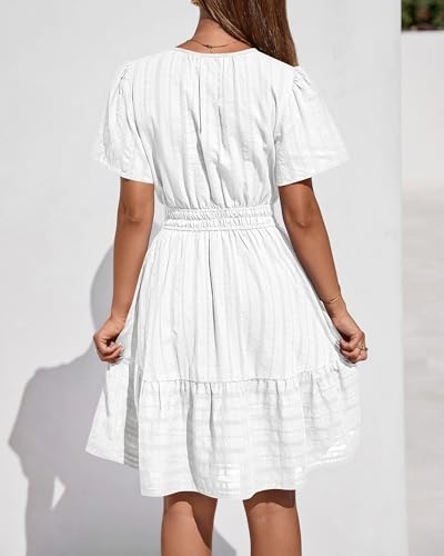 BTFBM Womens Spring 2026 Casual Mini Dresses Lightweight Short Sleeve V Neck Elastic Waist Cute Boho Beach Dress Pockets