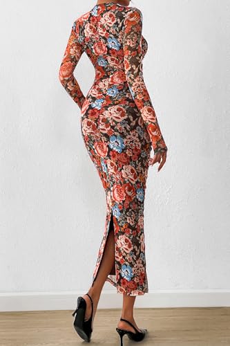 PRETTYGARDEN Womens Long Sleeve Maxi Dresses 2026 Spring Ruched Bodycon Floral Mesh Formal Wedding Guest Cocktail Party Dress