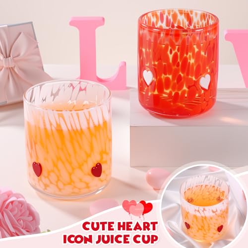 GVKGVK 2 Pcs Valentines Day Icon Juice Glasses, 14 oz Heart Themed Cute Glass Cups, Handblown Stemless Anthropology Glass ...