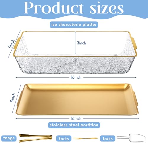Baderke 1 Set 16" x 9.45" Chilled Serving Tray for Parties with Compartments and Lid Charcuterie Serving Board Ice Rectang...