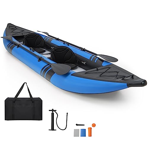 GYMAX Inflatable Kayak, 12.5Ft 507lbs Tandem Kayak with 2 Aluminum Paddles, 2 Padded Seats, Footrests, 2 Fins, Hand Pump, ...