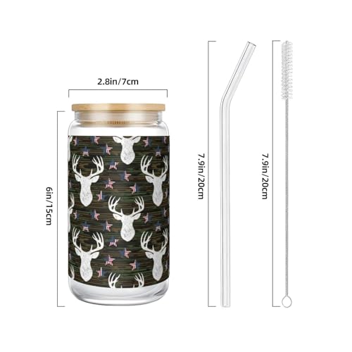 PPIKTC 16oz Borosilicate Tumbler with Lid & Glass Straw, Cool Deer Camo Camouflage American Flag Hunting Black, Hot/Cold D...