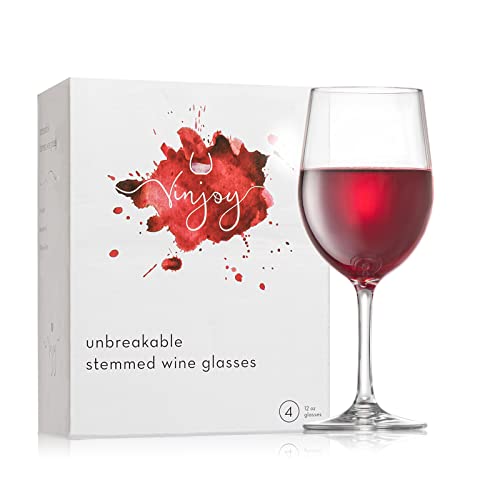 Vinjoy Set of 4 Reusable Plastic Wine Glasses ‒ 12 oz Clear Stemmed, Tritan BPA-Free Unbreakable Wine Glasses for Outdoor,...