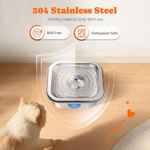 Cat Water Fountain Stainless Steel, 4L/135oz Cat Fountain, Automatic Dog Drinking Dispenser with Water Level Window, 10 Fi...
