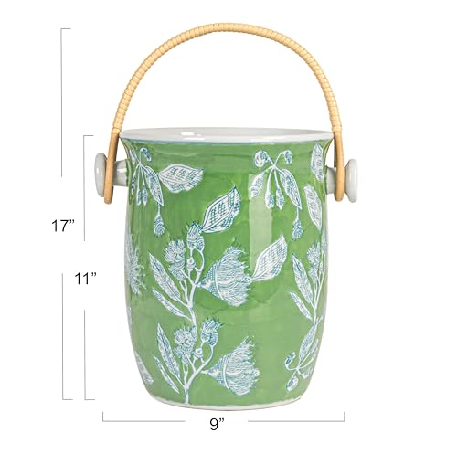 Creative Co-Op Green Ceramic Wine Cooler with Bamboo Handles