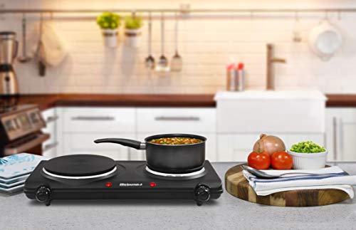Elite Gourmet EDB-302BF Countertop Double Cast Iron Burner, 1500 Watts Electric Hot Plate, Temperature Controls, Power Ind...