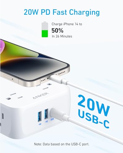 Anker Surge Protector Flat Plug Power Strip 2000J, 5ft Thin Extension Cord, 8 Outlets,2 USB A and 1 USB C Port,20W for iPh...