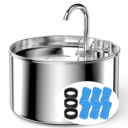 Cat Water Fountain Stainless Steel + 6 Filters + 3 Sponges - Pet Water Fountain 24/7 Keep The Water Fresh 74oz Capacity Ul...