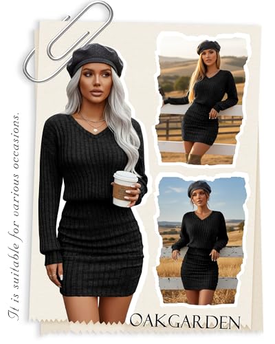 Oakgarden Women's Pullover Sweater Dress Long Lantern Sleeve Ribbed Knit V Neck Ruched Bodycon Mini Dress 2025 Fashion