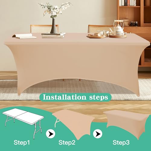 MRGSDL 2Pack 8FT Table Cloth for Rectangular Fitted Events Stretch Champagne Table Covers Washable Spandex Tablecloth Prot...