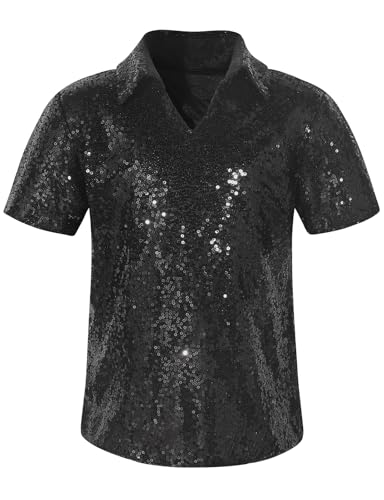 Spring&Gege Boys' Short Sleeve Sparkle Sequins Polo Shirts V-Neck Shiny T-Shirt (4-12 Years)