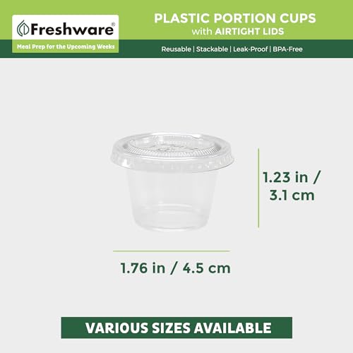 Freshware Plastic Portion Cups with Lids [1 Ounce, 200 Sets] Disposable Plastic Cups for Meal Prep, Salad Dressing, Jellos Shot Cups, Souffle Cups, Condiment and Dipping Sauce Cups