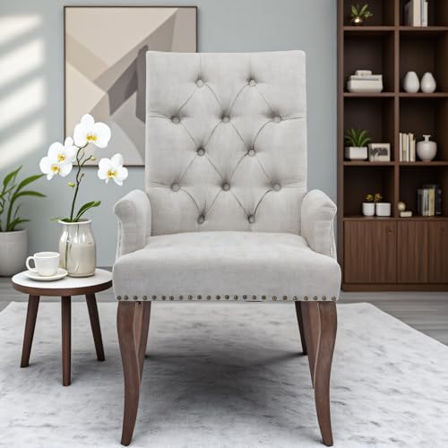 Ball & Cast Chenille Dining Chairs with Arms,Mid-Century Accent Chair w/Tufted Back & Nailhead Trim,Curved Solid Wood Leg,...
