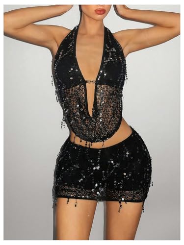 SOLY HUX Women's 2 Piece Party Club Outfit Sequin Tie Backless Sheer Halter Crop Top and Mini Skirt Set