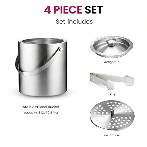 FineDine Double-Wall Stainless Steel Insulated Ice Bucket with Lid & Ice Tong [3 Liter] Included Strainer Keeps Ice Cold &...