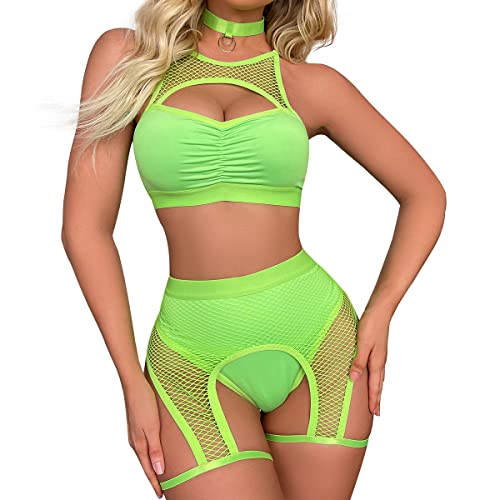 Women Rave Outfits Cutout Fishnet Top Booty Shorts Bottom Choker 3Pcs Babydoll Nightwear Festival Lingerie