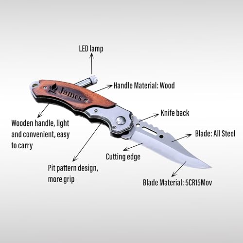 Custom Pocket Knife for Men | Laser Engraved Wood Handle Knife for Camping Hunting with Sheath | Groomsmen Folding Blade |...