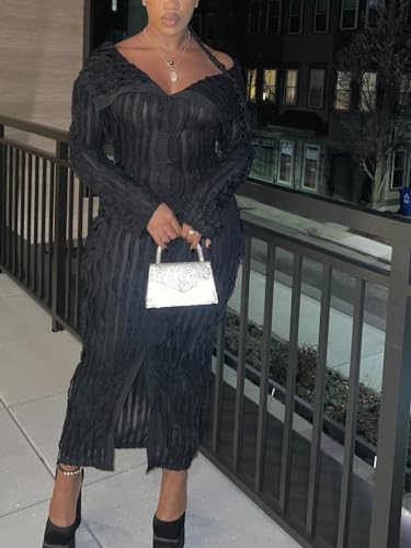 Sexy Button Down Dresses for Women Date Night Off Shoulder See Through Mesh Ruffle Bodycon Maxi Dress