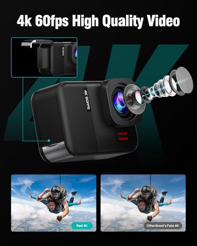 TIMNUT 4K60fps Waterproof Action Camera- Bare Metal Underwater 10M with 64G SD Card, HD 48MP Touchscreen Sports 6-Axis Sta...