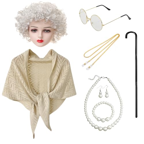 QAQ-COSPLAY 100 Days of School Costume for Women – Old Lady Costume with Wig -School Grandma Costume with Accessories