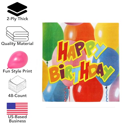 Iconikal 75-Count Happy Birthday Balloons Party Napkins, Dinner Size Disposable Paper Napkins