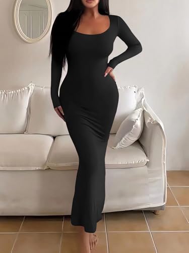 HBQ Women's Bodycon Maxi Dress Long Sleeve Square Neck Lounge Dresses Sexy Night Out Party Dress