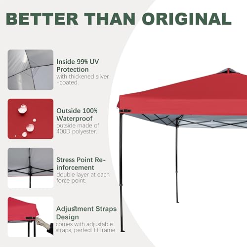 2PCS Canopy Replacement Top Silver Coated with Air Vent Upgraded Adjustable Straps for Most 10x10 Straight Leg Frame (Red)