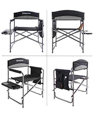 KingCamp Camping Foldable Padded Director Arm Chair with Side Table and Pocket, Grey