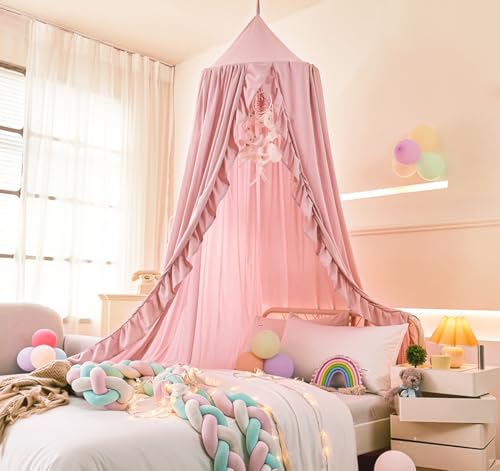 Mengersi Bed Canopy for Girls,Ruffled Canopy Bed Curtains Canopy for Girls Room,Hanging Canopy Princess Play Tent for Read...