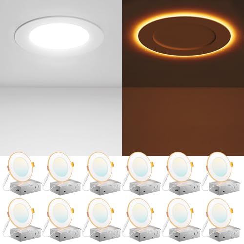 Amico 12 Pack 4 Inch 5CCT LED Recessed Ceiling Light with Night Light, 2700K/3000K/3500K/4000K/5000K Selectable Ultra-Thin...