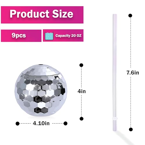 FLUFFORT 9 Pcs Disco Ball Cups with Lid and Straw – Silver Spherical Cocktail Tumblers, Reusable Disco Wine Glasses for Ba...
