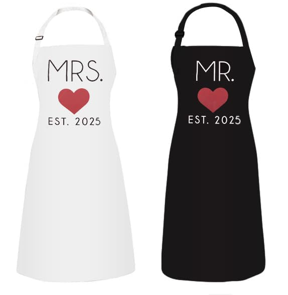 GSM Brands Mr. and Mrs. 2025 Couples Kitchen Aprons (2-Piece Set) Cute, Funny Cooking Bibs for Wedding Marriage Newlyweds