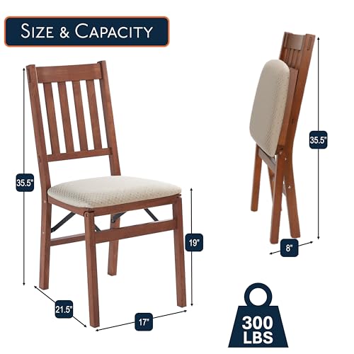 Stakmore Arts and Crafts Wooden Folding Chairs with Padded Seats, Set of 2 - No Assembly Foldable Dining Chairs, Steel Folding Mechanism, Upholstered Cushion, Space-Saving, Fruitwood Frame