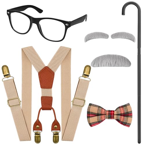 Horolam Kids Old Man Costume, Kids 100 Days of School Costume for Boys with Fake Beard Eyebrow Walking Cane Glasses Suspender