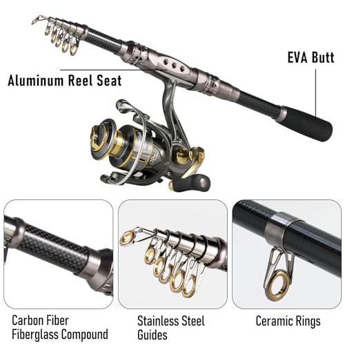 Dr.Fish Fishing Rod and Reel Combos 125-Pieces Telescopic Spinning Pole Reel Gear Equipment Set with Tackle Bag for Adult ...
