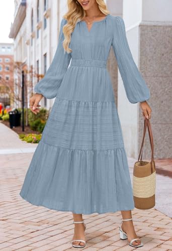 MEROKEETY Winter Midi Dresses for Women 2026 Spring Long Sleeve Casual V Neck Tiered Cotton Maxi Dress Pockets