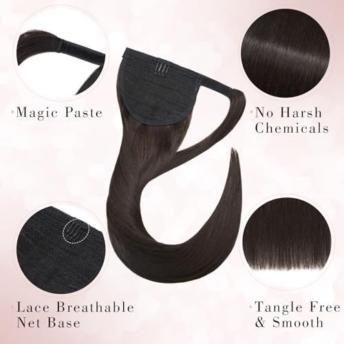 Ponytail Extensions Human Hair Long Straight Ponytail Hair Extensions with Magic Paste Wrap Around Clip in Ponytail Extensions Real Human Hair,18inch #2 Dark Brown,90g